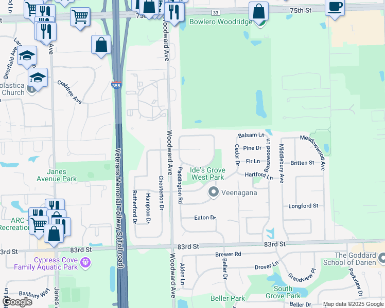 map of restaurants, bars, coffee shops, grocery stores, and more near 1921 Egerton Court in Woodridge