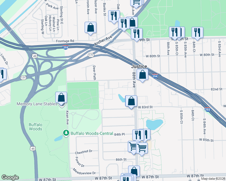 map of restaurants, bars, coffee shops, grocery stores, and more near 8117H Concord Lane in Justice