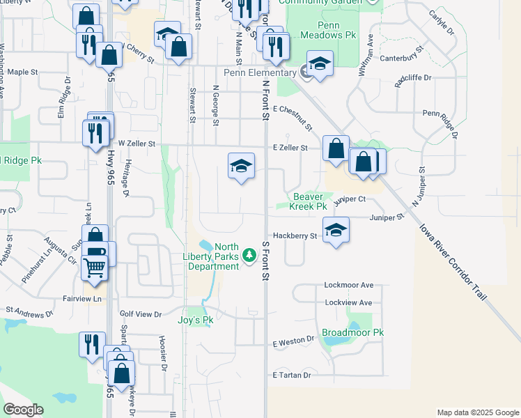 map of restaurants, bars, coffee shops, grocery stores, and more near 80 Birch Court in North Liberty