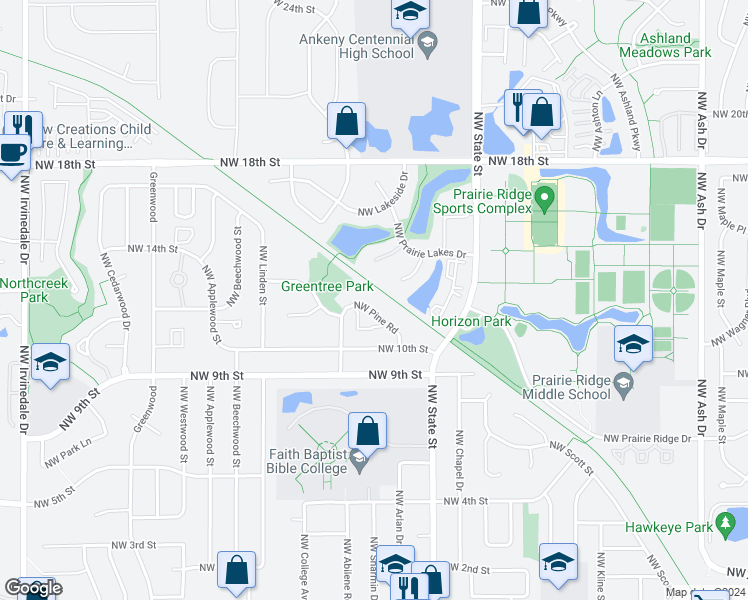 map of restaurants, bars, coffee shops, grocery stores, and more near 1748 Northwest Pine Road in Ankeny