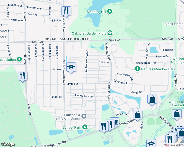 map of restaurants, bars, coffee shops, grocery stores, and more near 734 Four Seasons Boulevard in Aurora