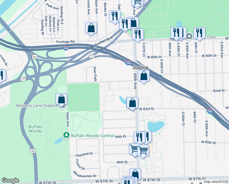map of restaurants, bars, coffee shops, grocery stores, and more near 8808 Concord Lane in Justice