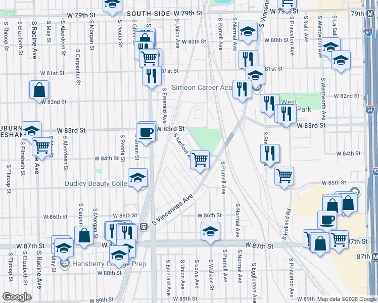 map of restaurants, bars, coffee shops, grocery stores, and more near 8359 South Kerfoot Avenue in Chicago