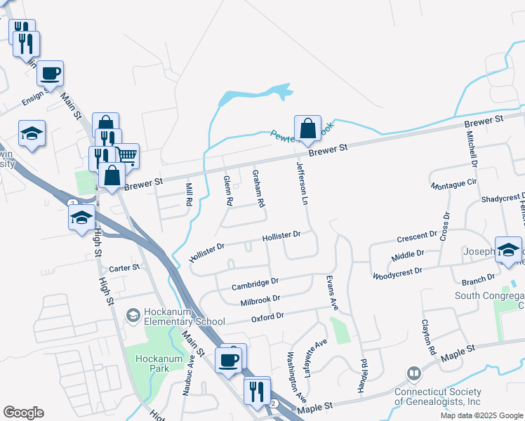 map of restaurants, bars, coffee shops, grocery stores, and more near 72 Graham Road in East Hartford