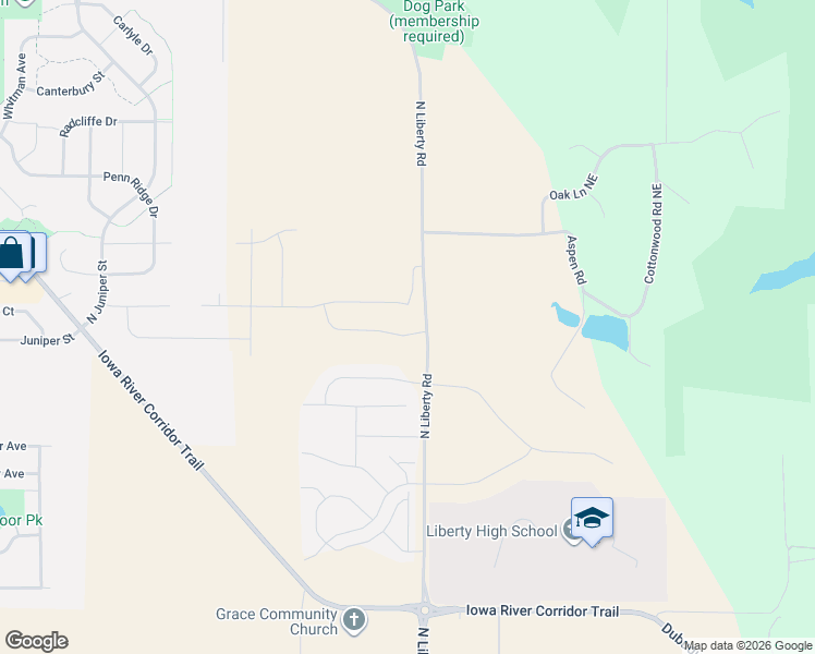 map of restaurants, bars, coffee shops, grocery stores, and more near 2645 North Liberty Road Northeast in North Liberty