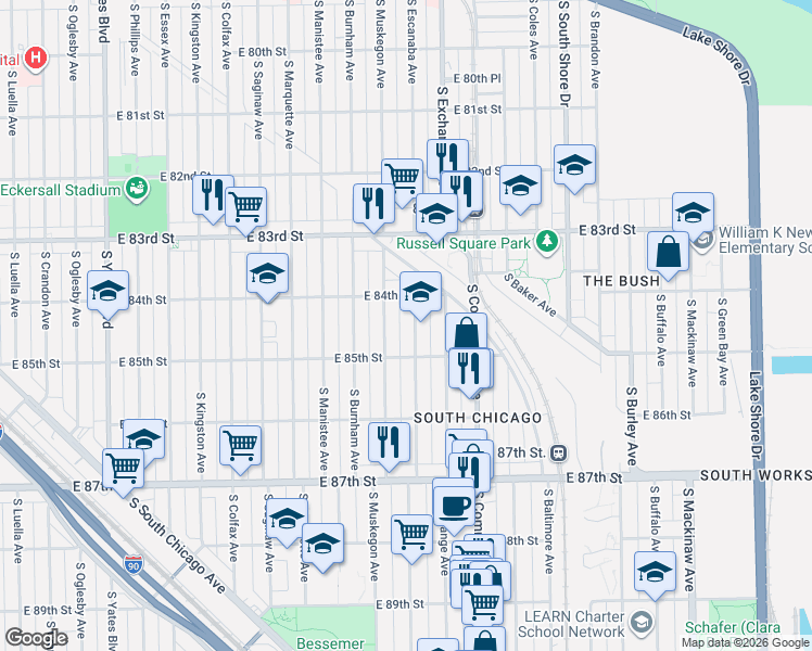 map of restaurants, bars, coffee shops, grocery stores, and more near 8423 South Muskegon Avenue in Chicago