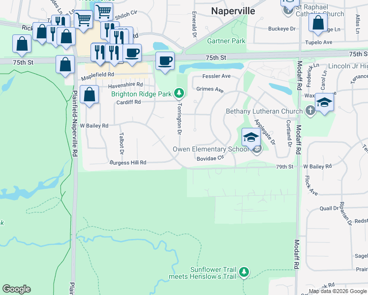 map of restaurants, bars, coffee shops, grocery stores, and more near 715 Torrington Drive in Naperville