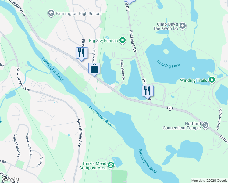 map of restaurants, bars, coffee shops, grocery stores, and more near 1301 Farmington Avenue in Farmington