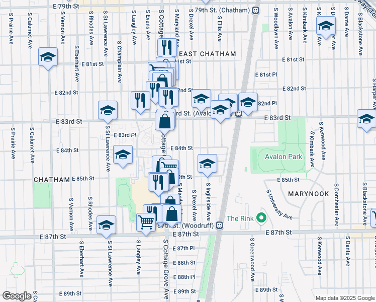 map of restaurants, bars, coffee shops, grocery stores, and more near 851 East 84th Street in Chicago