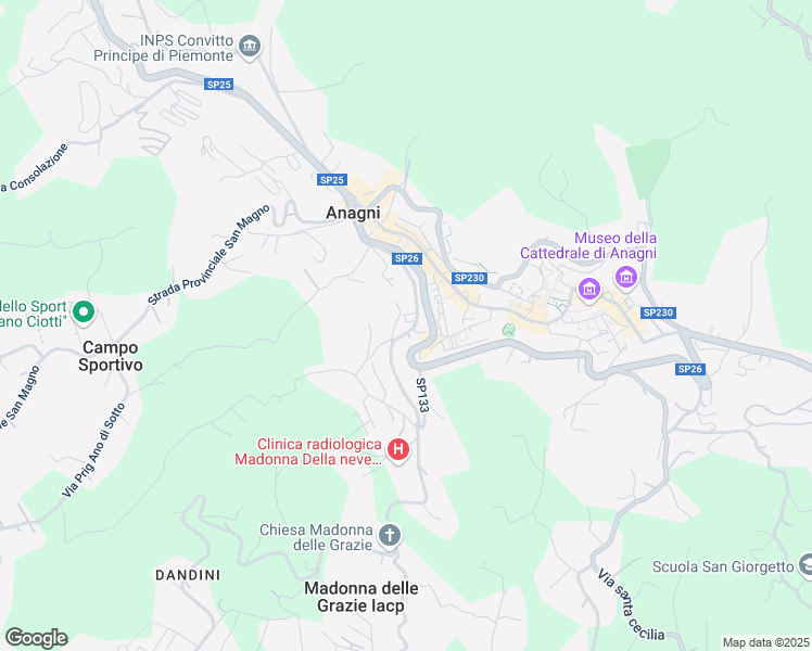 map of restaurants, bars, coffee shops, grocery stores, and more near 86 Via della Peschiera in Anagni