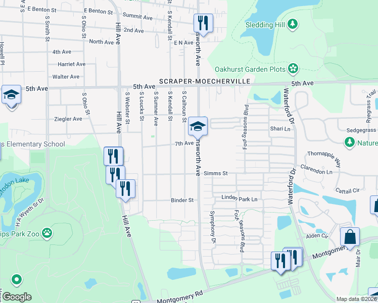 map of restaurants, bars, coffee shops, grocery stores, and more near 712 S Calhoun St in Aurora