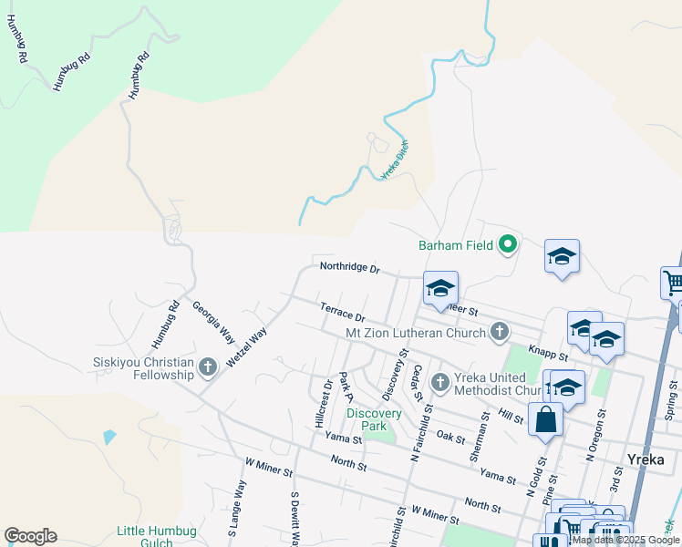 map of restaurants, bars, coffee shops, grocery stores, and more near 1117 Northridge Drive in Yreka