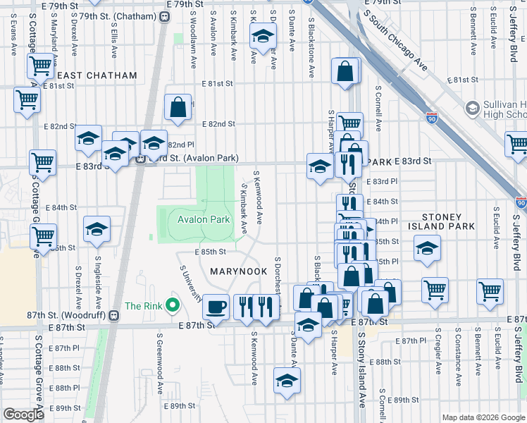map of restaurants, bars, coffee shops, grocery stores, and more near 8411 South Kenwood Avenue in Chicago