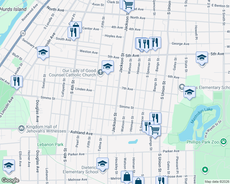 map of restaurants, bars, coffee shops, grocery stores, and more near 711 Jackson St in Aurora