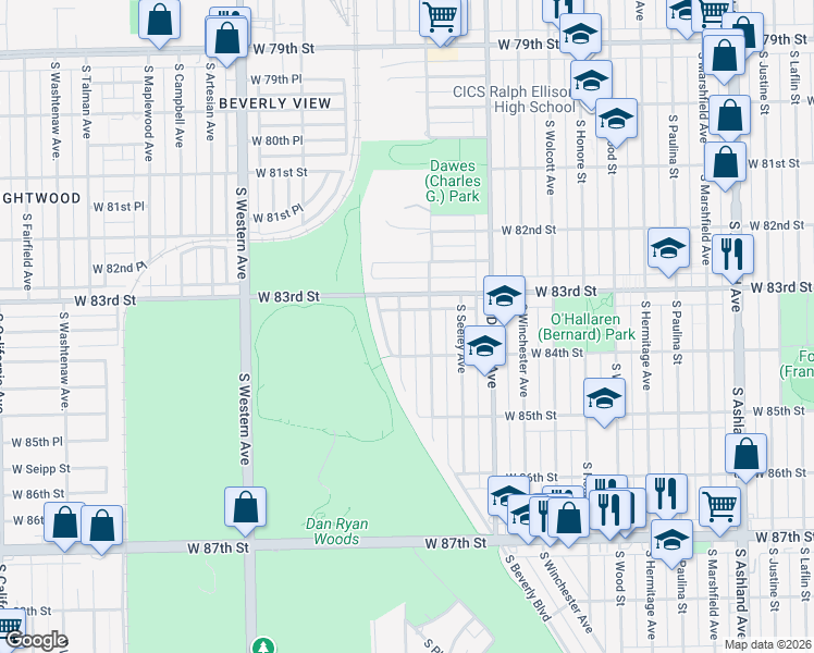 map of restaurants, bars, coffee shops, grocery stores, and more near 8331 South Hamilton Avenue in Chicago