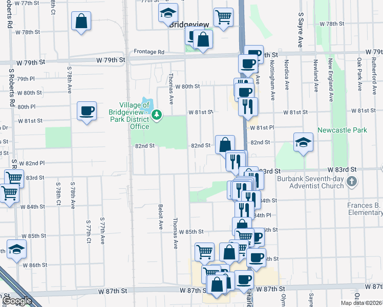 map of restaurants, bars, coffee shops, grocery stores, and more near 8217 South Oketo Avenue in Bridgeview
