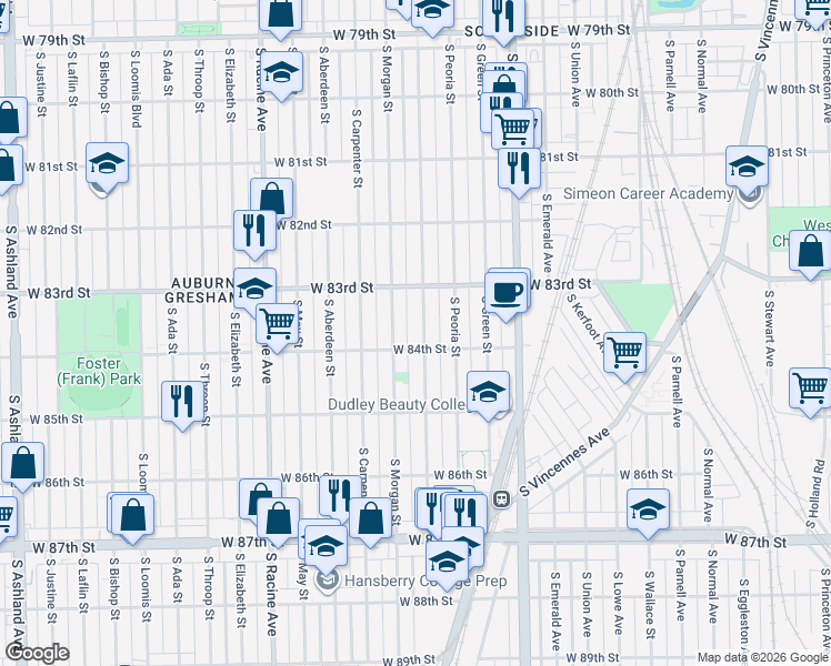 map of restaurants, bars, coffee shops, grocery stores, and more near 8344 South Sangamon Street in Chicago