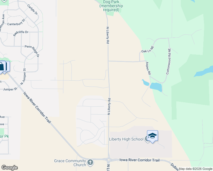 map of restaurants, bars, coffee shops, grocery stores, and more near 2645 North Liberty Road Northeast in North Liberty