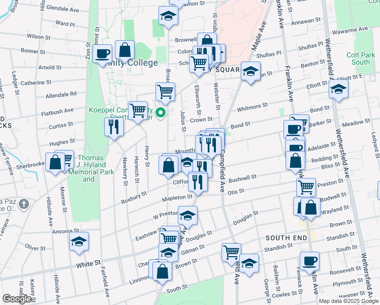 map of restaurants, bars, coffee shops, grocery stores, and more near 47 Mountford Street in Hartford