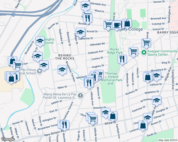 map of restaurants, bars, coffee shops, grocery stores, and more near 346 Hillside Avenue in Hartford