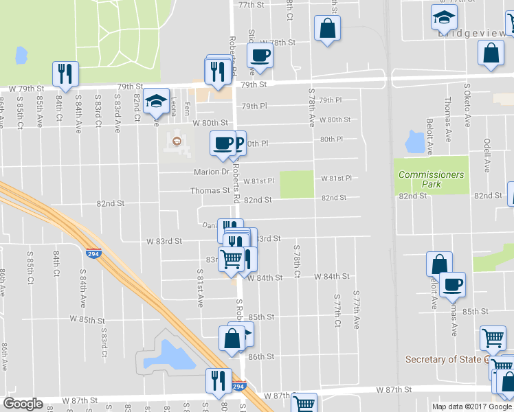map of restaurants, bars, coffee shops, grocery stores, and more near 7923 82nd Street in Bridgeview