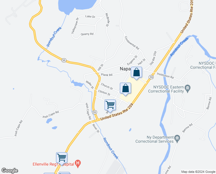 map of restaurants, bars, coffee shops, grocery stores, and more near Church Street in Napanoch
