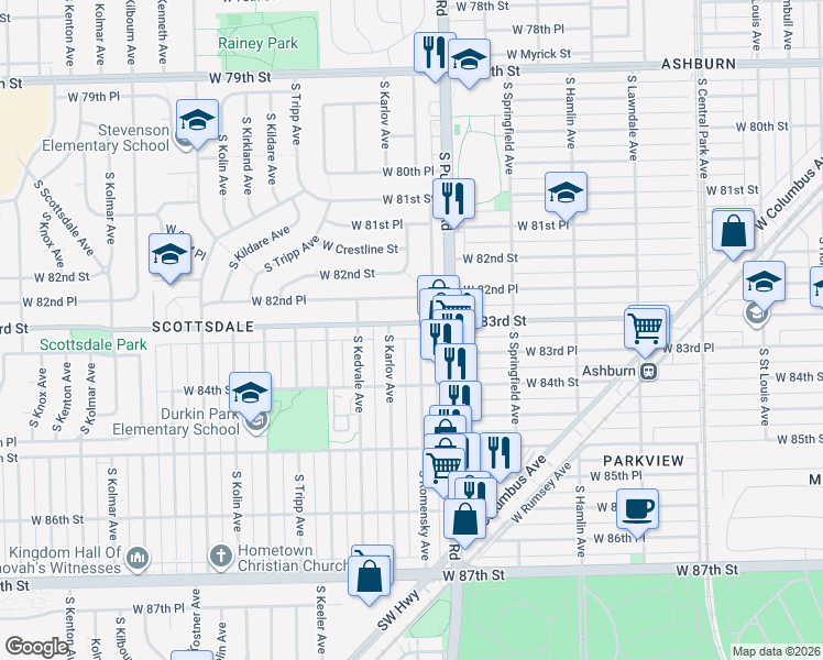 map of restaurants, bars, coffee shops, grocery stores, and more near 4033 West 83rd Street in Chicago