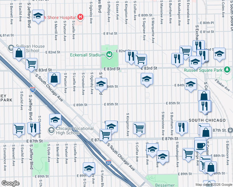 map of restaurants, bars, coffee shops, grocery stores, and more near 8420 South Essex Avenue in Chicago