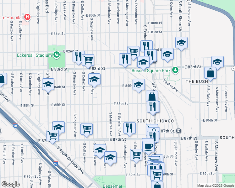 map of restaurants, bars, coffee shops, grocery stores, and more near 8424 South Burnham Avenue in Chicago