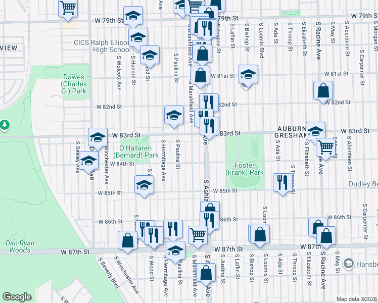 map of restaurants, bars, coffee shops, grocery stores, and more near 8334 South Marshfield Avenue in Chicago