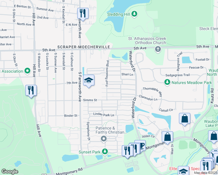 map of restaurants, bars, coffee shops, grocery stores, and more near 746 Four Seasons Boulevard in Aurora