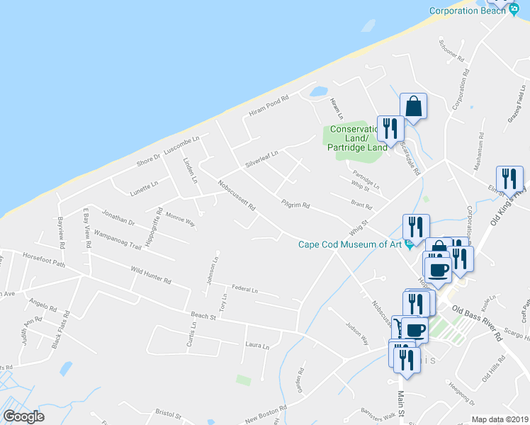map of restaurants, bars, coffee shops, grocery stores, and more near 162 Nobscussett Road in Dennis