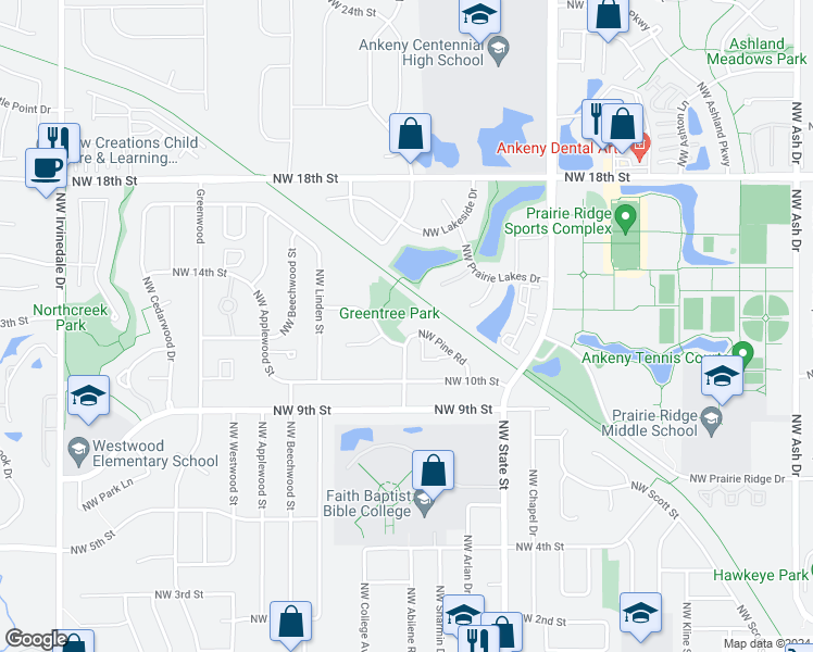 map of restaurants, bars, coffee shops, grocery stores, and more near 1832 Northwest Pine Road in Ankeny