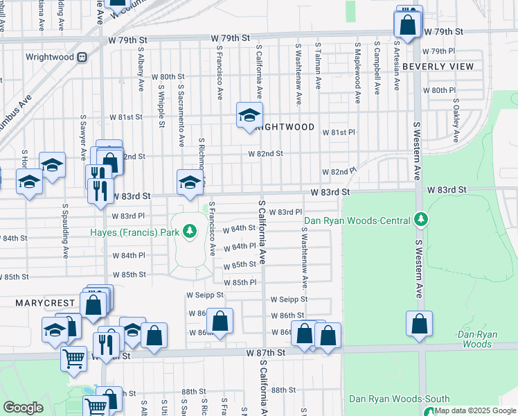map of restaurants, bars, coffee shops, grocery stores, and more near 2800 West 83rd Place in Chicago