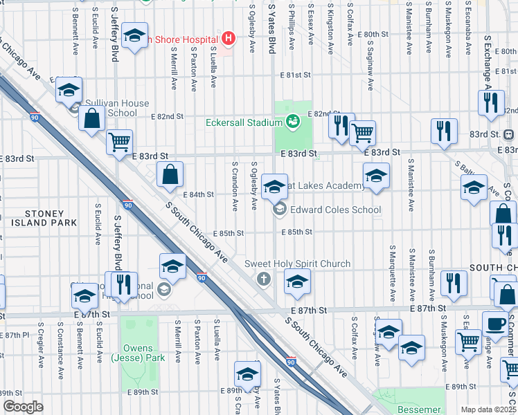 map of restaurants, bars, coffee shops, grocery stores, and more near 8421 South Oglesby Avenue in Chicago
