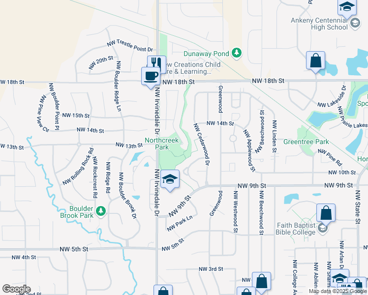 map of restaurants, bars, coffee shops, grocery stores, and more near 1301 Northwest Northwood Drive in Ankeny