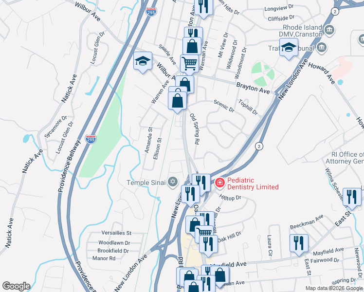 map of restaurants, bars, coffee shops, grocery stores, and more near 1052 Oaklawn Ave in Cranston
