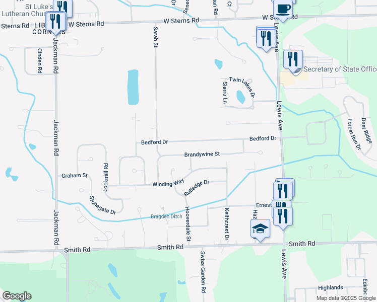 map of restaurants, bars, coffee shops, grocery stores, and more near 1300 Brandywine Street in Temperance