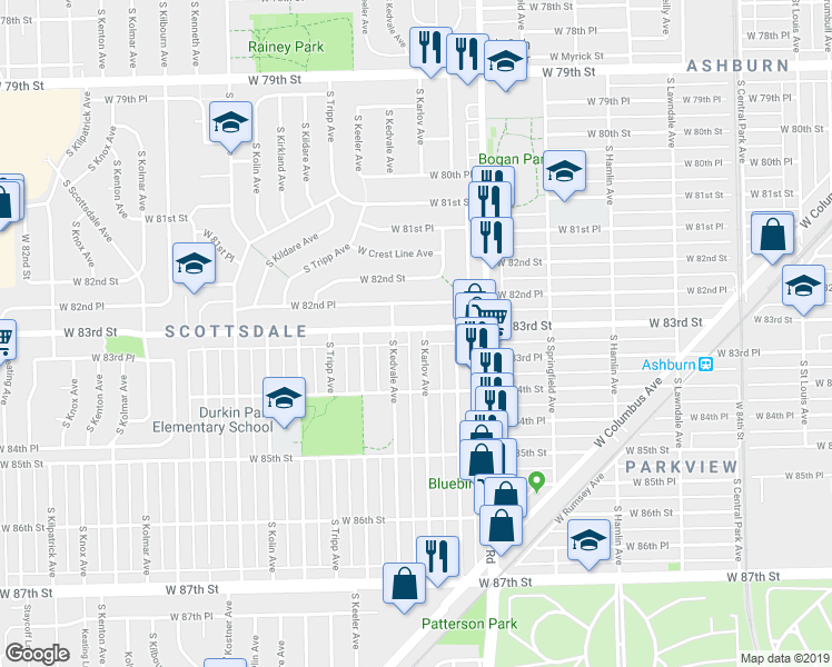 map of restaurants, bars, coffee shops, grocery stores, and more near 8300 South Karlov Avenue in Chicago