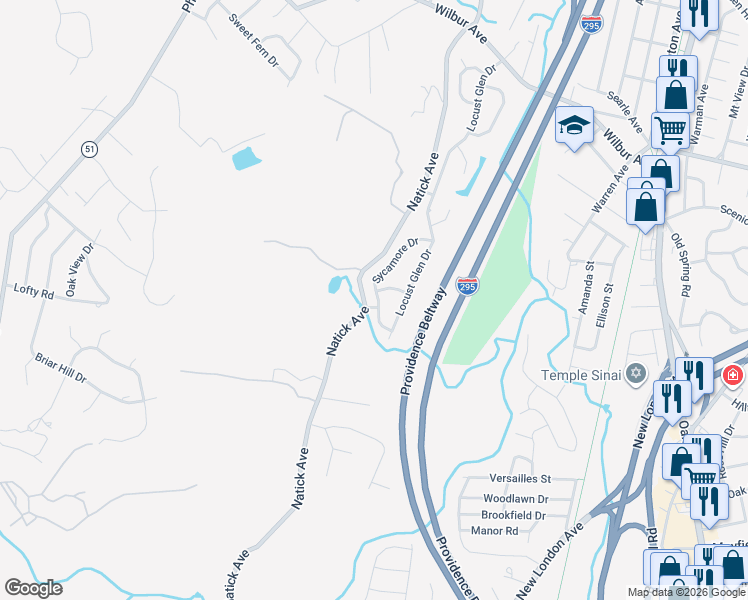 map of restaurants, bars, coffee shops, grocery stores, and more near 91 Sycamore Dr in Cranston