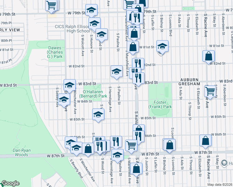 map of restaurants, bars, coffee shops, grocery stores, and more near 8334 South Paulina Street in Chicago
