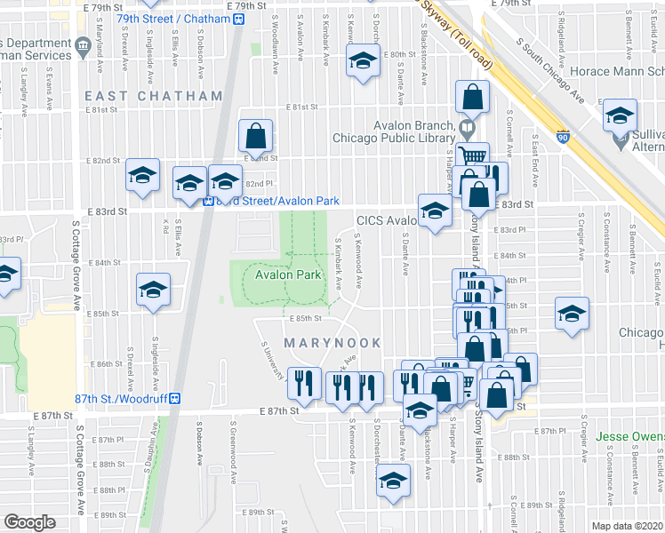 map of restaurants, bars, coffee shops, grocery stores, and more near 8406 South Kimbark Avenue in Chicago