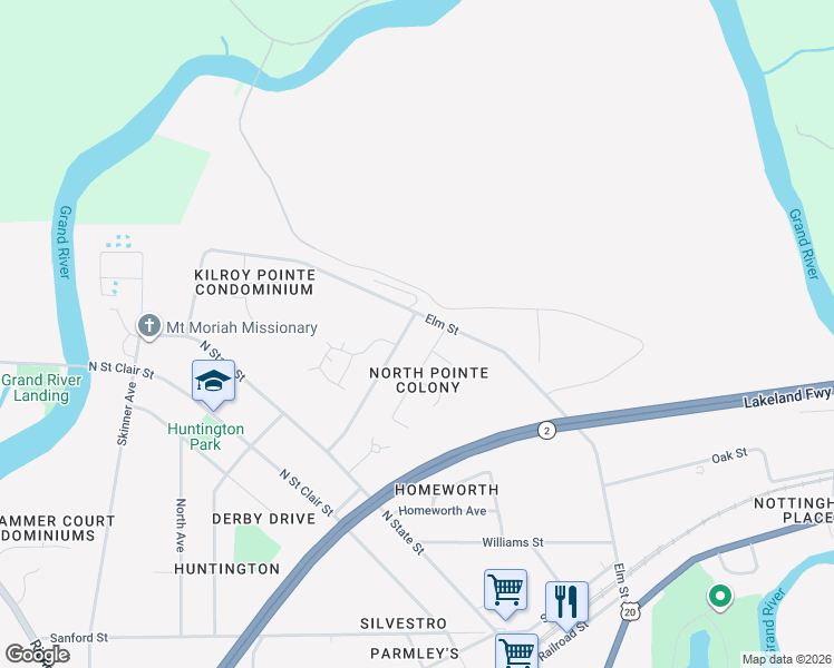 map of restaurants, bars, coffee shops, grocery stores, and more near 927 Elm Street in Painesville