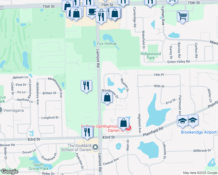 map of restaurants, bars, coffee shops, grocery stores, and more near 2754 Woodmere Drive in Darien