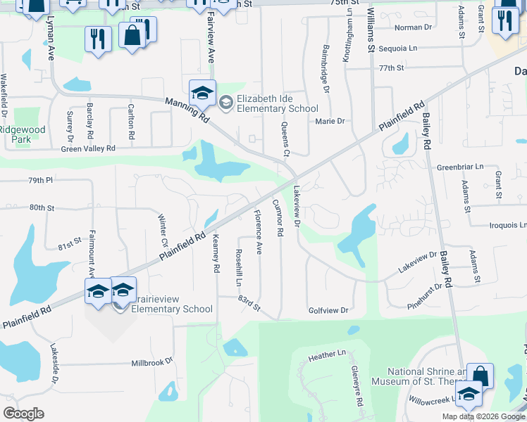map of restaurants, bars, coffee shops, grocery stores, and more near 9S125 Florence Avenue in Downers Grove