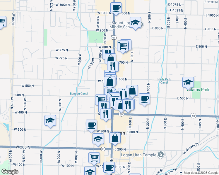 map of restaurants, bars, coffee shops, grocery stores, and more near 555 North Main Street in Logan