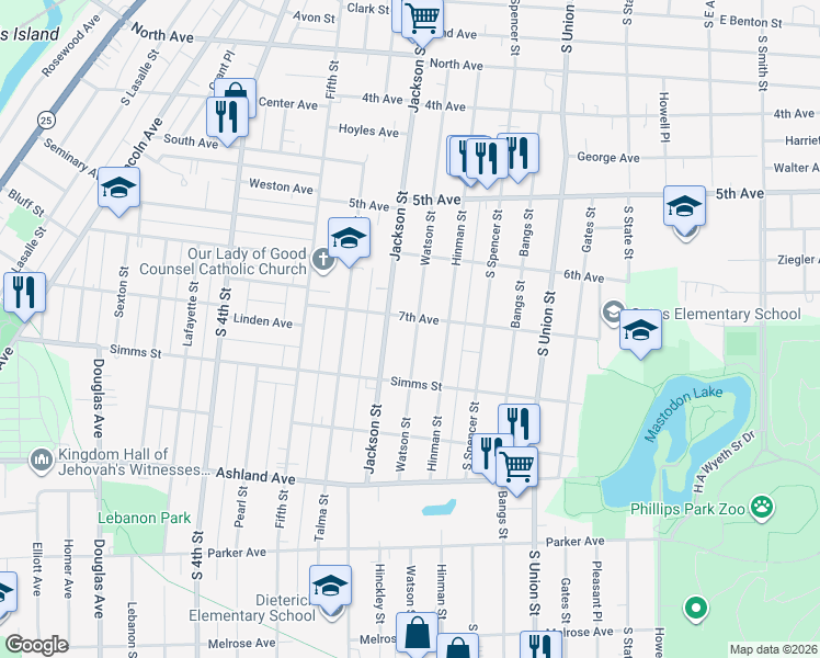 map of restaurants, bars, coffee shops, grocery stores, and more near 707 Watson Street in Aurora