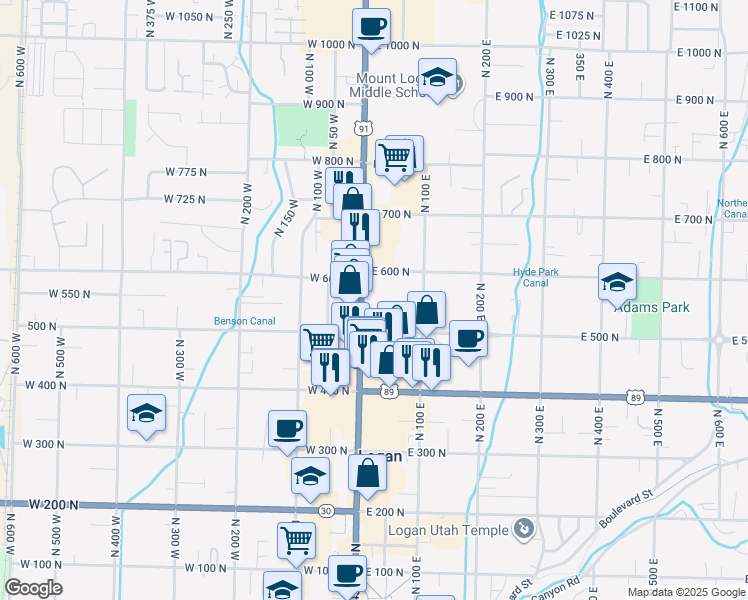 map of restaurants, bars, coffee shops, grocery stores, and more near 550 Main Street in Logan