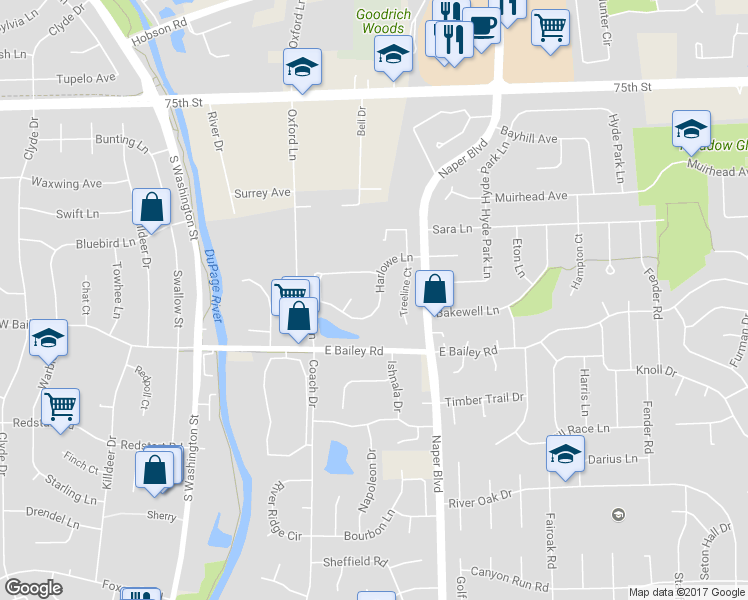 map of restaurants, bars, coffee shops, grocery stores, and more near 571 Harlowe Lane in Naperville