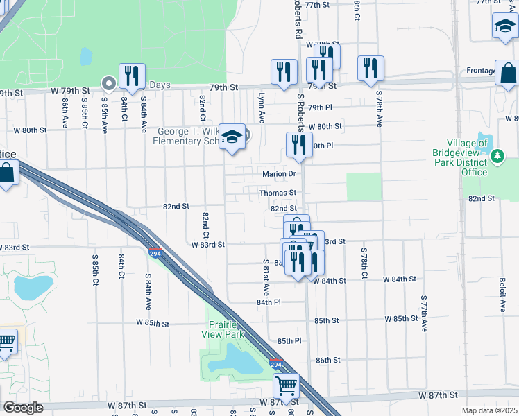 map of restaurants, bars, coffee shops, grocery stores, and more near 8160 Daniel Drive in Justice